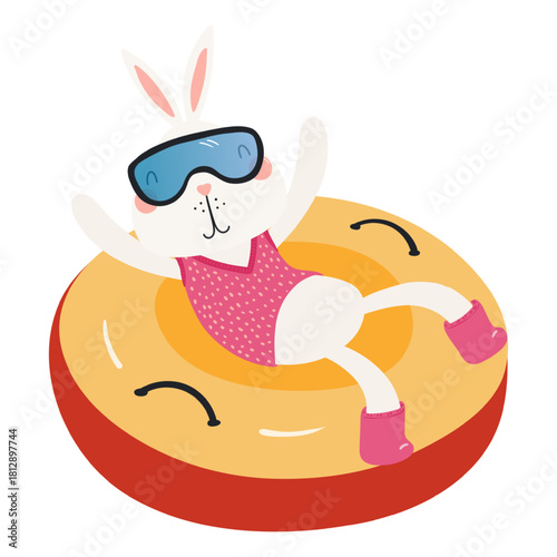 Rabbit snow tubing isolated on transparent. Hand drawn flat vector illustration. Cute cartoon character. Traditional Christmas, New Year design element, clip art