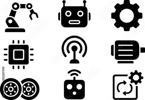 Black silhouette icons of robotics and ai technology elements