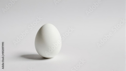 A solitary, white egg stands upright on a plain, light-colored background, casting a subtle shadow