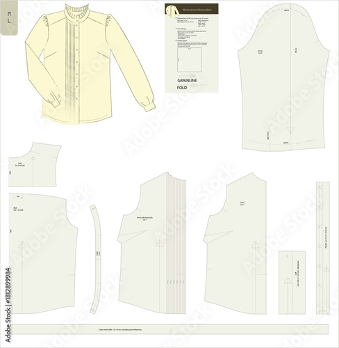 Long sleeve blouse sewing pattern with vertical pintucks along the button placket, ruffled mandarin collarand cuffs.Tailored fit with darts. Medium size.