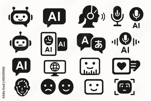 AI Communication Icons with Chatbot Bubbles, Voice Assistants, Translation Engines and Emotion Detecting Interfaces in Black Vector Style on White Background