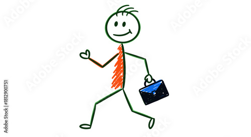 Vibrant stick figure illustration of a determined business professional walking confidently with a briefcase, symbolizing career ambition and daily commute