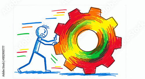 Conceptual drawing of a stick man putting in great effort to turn a massive industrial gear, symbolizing business momentum and progress
