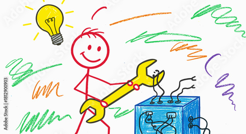 Stick figure with a light bulb and tools repairing a device, symbolizing innovation and problem-solving in a creative process