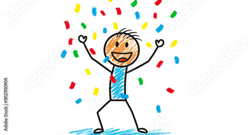 A jubilant stick figure with arms raised in triumph under a shower of colorful confetti, a simple drawing symbolizing success and happiness