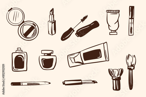Set of hand drawn skincare and beauty product illustration. Minimalist set of cosmetics, makeup tools, cream tubes, bottles, and brushes. Vector illustration. 