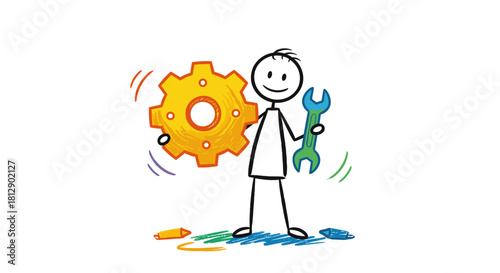 Hand-drawn stick figure holding a large gear and a wrench, symbolizing creative problem-solving, development, and technical support