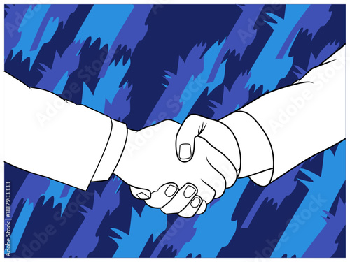 A black and white comic-style handshake illustration over an abstract blue and black background. Perfect for designs that convey partnership, deal-making, agreement, or success in business