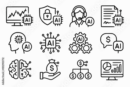 AI Finance and Business Icons with Algorithmic Trading, Fraud Detection, Virtual Advisors, Smart Contracts and Data Dashboards in Minimal Line Art on White Background