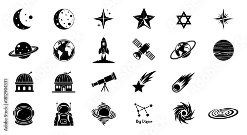 Set of Black and White Space Icons and Elements