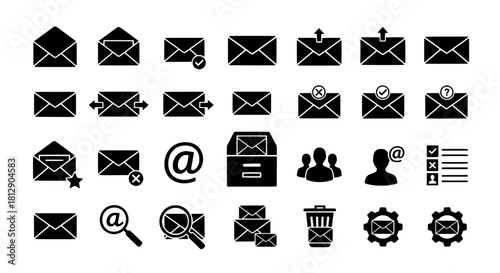 Email Icons Set Black and White Design for Business Communication and Contact