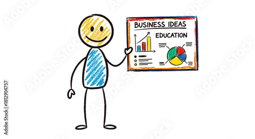 Stick figure doodle character presenting business ideas and educational concepts on a whiteboard, illustrating growth and learning