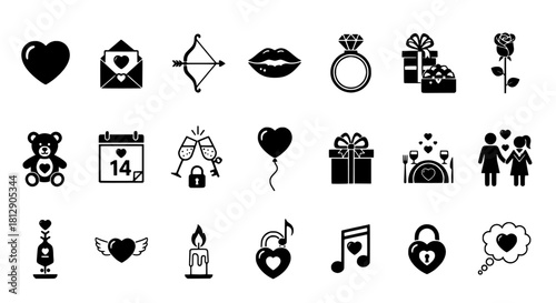 Collection of Black and White Love and Romance Icons for Valentine's Day