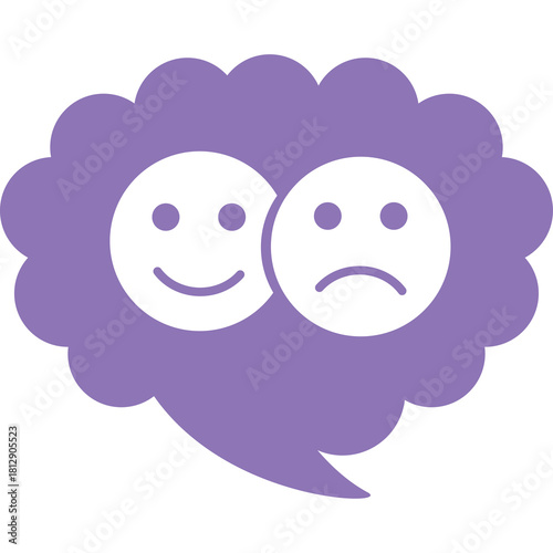 Speech bubble with two contrasting emotion faces one happy one sad purple illustration on transparent background representing mood swings and emotional duality
