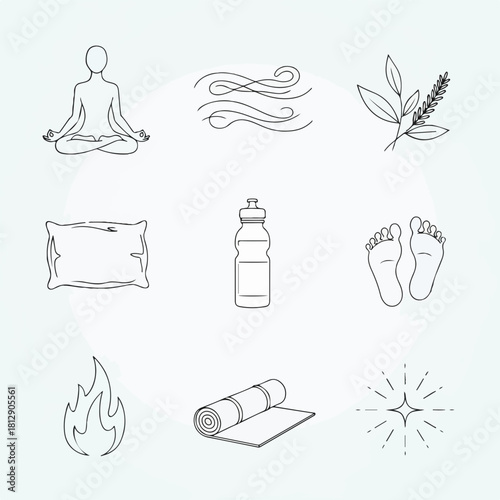 Yoga and meditation elements outline icon set vector illustration.