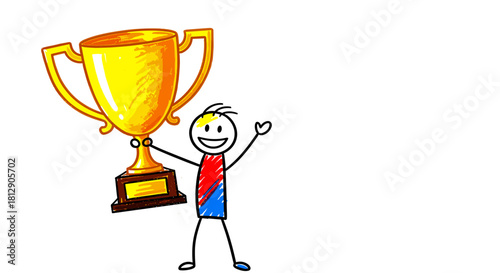 Happy stick figure character holding a large golden trophy cup, a simple doodle celebrating victory, success, and achievement on a white background
