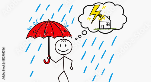 Hand-drawn stick figure with a red umbrella in the rain, thinking about home safety and protection from a lightning storm, a concept for insurance