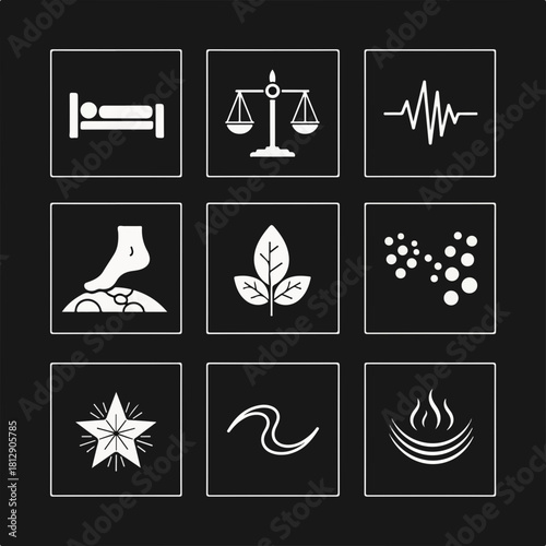 Wellness and relaxation white glyph icons set on black background.