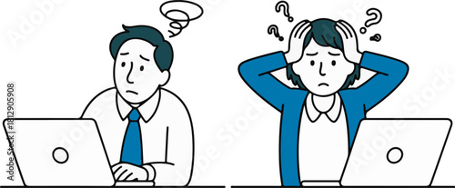 a-minimalist-line-art-illustration-of-tw_TtJhgcKBR6ajy7NuoenC7g_NuUtn151RviuwavG-YG_4g.epsTwo stressed business people working on laptops with worried expressions