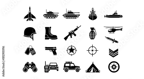 Military Equipment and Armed Forces Icon Set