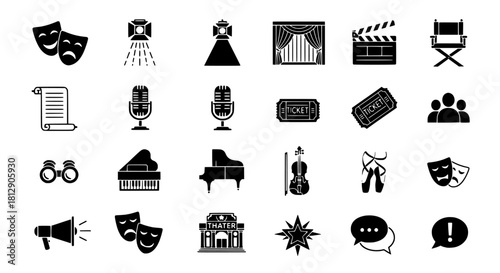 Diverse Icon Set of Performing Arts Theater, Music, Film, and Stage Elements