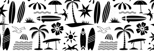 Retro tropical beach pattern with surfboards palm trees and umbrellas