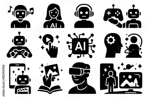 AI Entertainment Icons with Music Generation, Virtual Influencers, Gaming Bots, Content Curation and Immersive Storytelling in Black Silhouette Style on White Background