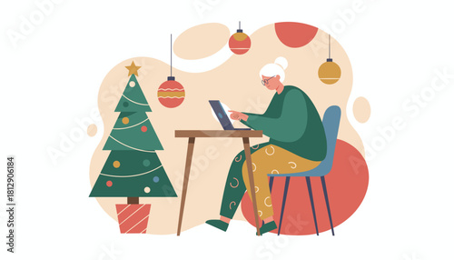 Senior woman using laptop beside Christmas tree Holiday technology and remote connection