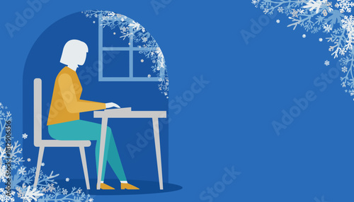 Woman writing inside during winter surrounded by snowflakes Cozy holiday work or study concept