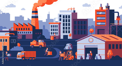 Busy city industrial scene with workers trucks and factories