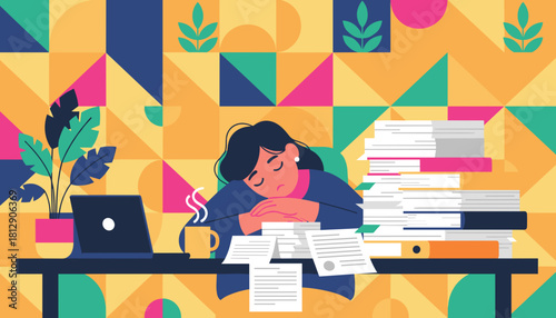 Exhausted woman sleeping on her desk surrounded by paper piles and documents Overwork and burnout concept