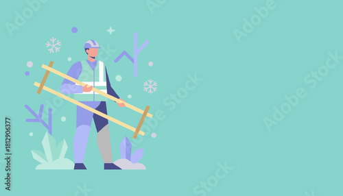 Construction worker holding wooden barrier in a flat winter vector design safety concept