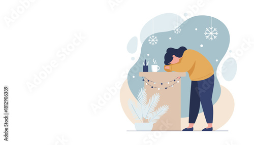 Stressed person resting head on a winter holiday table with coffee Seasonal depression or burnout concept