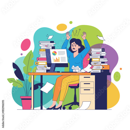 Stressed businesswoman overwhelmed by piles of paperwork and crushing deadlines in the office
