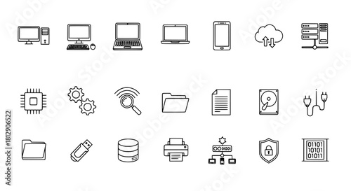 Digital Technology and Communication Outline Icons Computing, Devices, and Connectivity