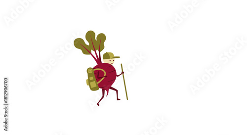 A Beetroot Adventurer Hikes Through An Unseen Landscape With Adventure Supplies Always Ready