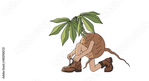 A Botanical Creature Wearing Boots and Tying Laces Against a Deep Black Backdrop