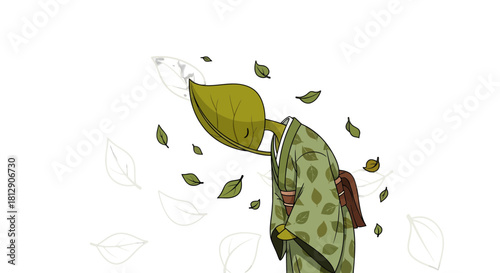 A Botanical Being In Green Kimono With Falling Leaves Against Black Background