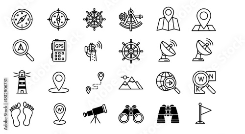 Travel, Navigation, and Exploration Icons for Maps and Outdoors