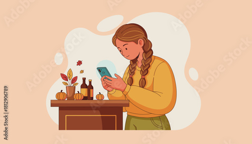 Young woman uses smartphone by fall decor pumpkins leaves bottles Cozy autumn digital life