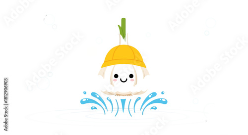 A Cheerful Garlic Bulb with Bubbles and Watery Elements on a Dark Background