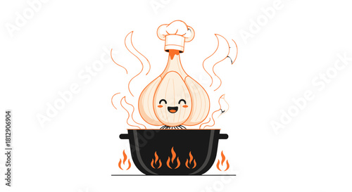 A Cheerful Garlic Chef Cooking in A Pot on Fire with A Black Background