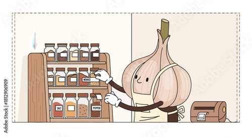 A Cheerful Garlic Character Organizing Spices In A Charming Kitchen Setting