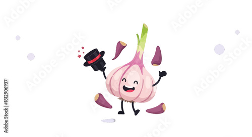 A Cheerful Garlic Magician Performing Magic Tricks Against A Black Backdrop.