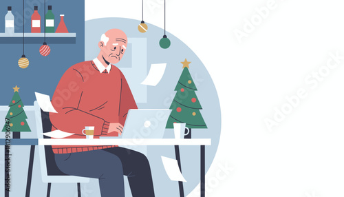 Senior man works on a laptop surrounded by paperwork and Christmas stress during the holidays