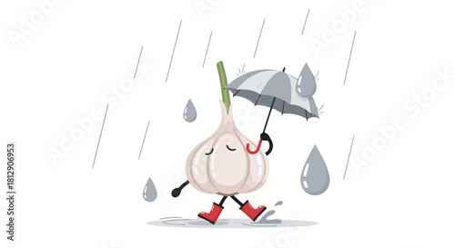 A Cheerful Garlic Person Holding an Umbrella While Walking in the Rain