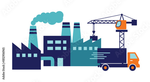 Manufacturing and logistics illustration with factory smoking chimneys crane and truck transport