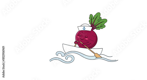 A Cheerful Animated Beetroot Sailor Rowing Across the Sea in A Small White Boat