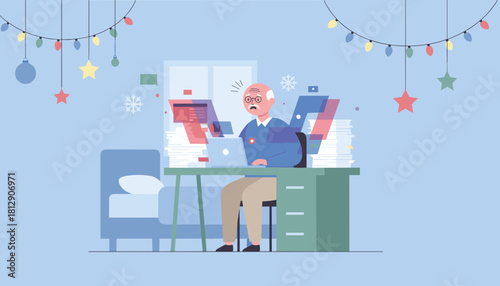 Senior man overwhelmed by work tasks and deadlines during the holiday season Burnout concept