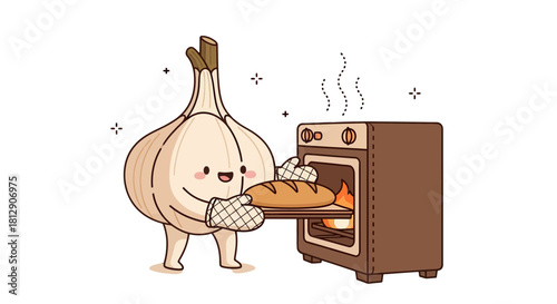 A Cheerful Garlic Man Enthusiastically Baking Bread In An Animated Oven